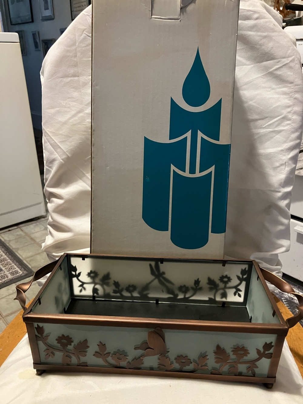New Partylite.  Copper n frosted glass large. 12”-6”-3” pillar candle holder